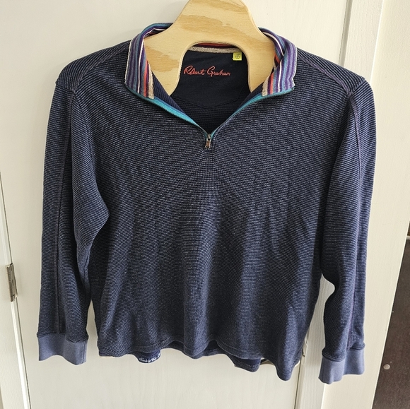 Robert Graham Navy Blue Cotton Sweater Mock Neck 1/4 Zip Pinstripe Men’s 2XL - Picture 1 of 4
